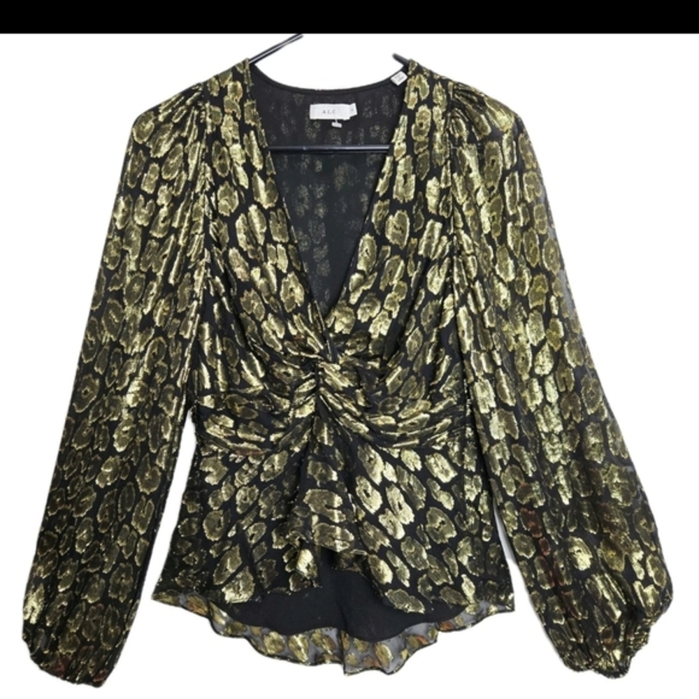 A.L.C. Logan Top Black Gold Metallic Leopard Size 6 Silk Twist Front V Neck